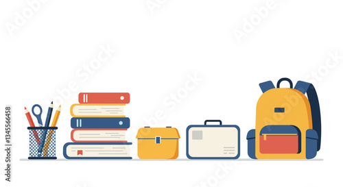 Colorful school supplies including books, backpack, and lunchbox arranged on a white background