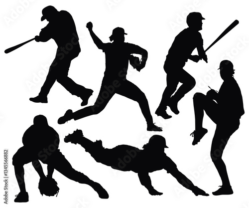 MLB Baseball player batter hits the ball. American Sports people vector. Set of silhouettes of baseball player, male athlete. Different pose of pitcher, catcher, baseman, shortstop, fielder, gesture.