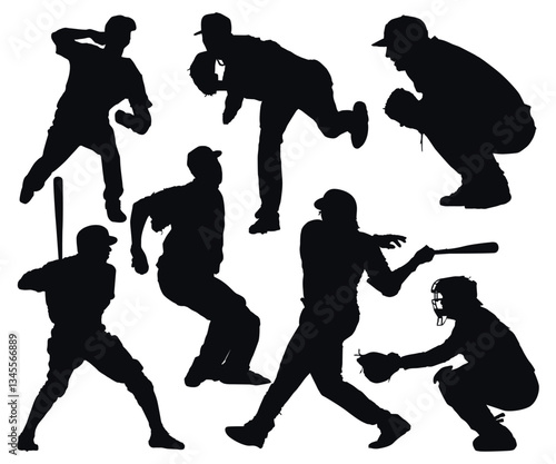MLB Baseball professional sports leagues. American identity. American Sports people vector. Set of silhouettes of baseball player, male athlete. Different pose of pitcher, catcher, baseman, fielder.