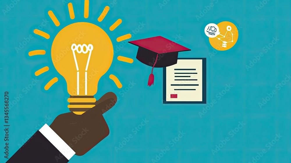 Hand holding a lightbulb, graduation cap, and diploma; symbolizing education, ideas, and success. Hand holding a lightbulb, graduation cap, and diploma; symbolizing education, ideas, and success.