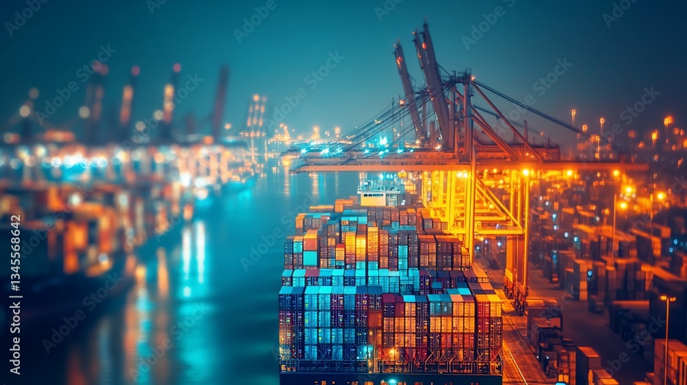 Fototapeta premium Night harbor, cargo ship loading, container port, city lights, global trade