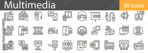 Multimedia Line Icons Set. Collection of 30 outline icons representing media content, digital tools, and creative entertainment. Editable stroke vector illustration.