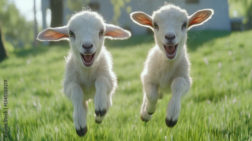 Fototapeta premium Two Joyful Lambs Leaping Through Spring Meadow
