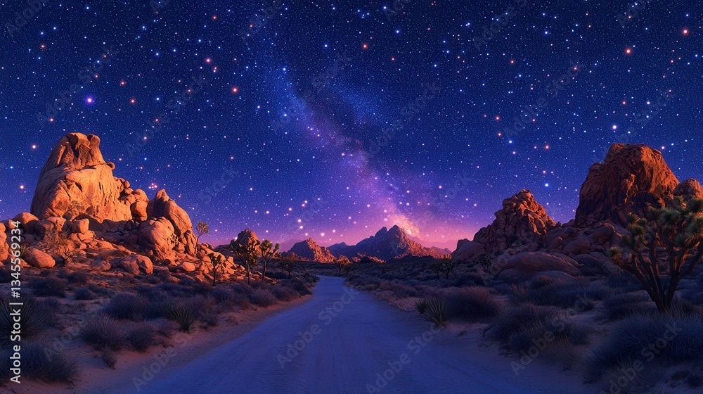 Obraz premium Starlit desert road journey joshua tree digital art night sky scenic view cosmic exploration