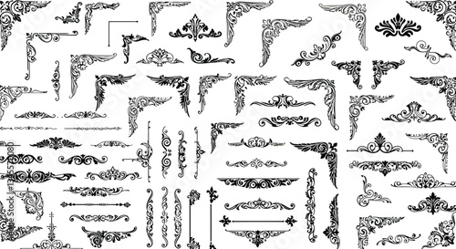Decorative vintage borders and corner elements in intricate black and white designs