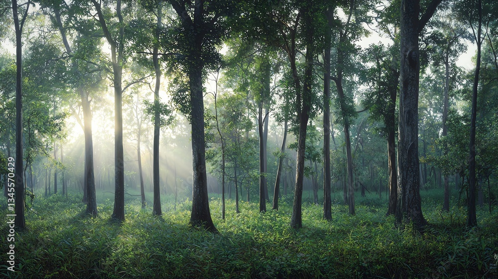 Fototapeta premium Sun Rays Shining Through Green Forest Trees in Peaceful Morning Scene