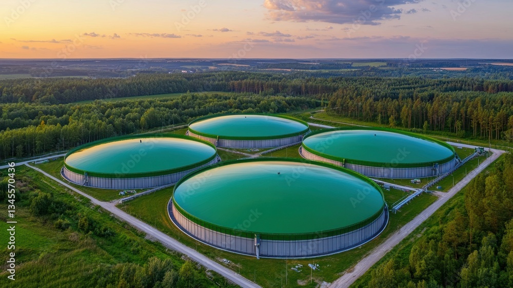 Aerial view of industrial gas storage tanks rural landscape infrastructure sunset panoramic perspective Aerial view of industrial gas storage tanks rural landscape infrastructure sunset panoramic perspective