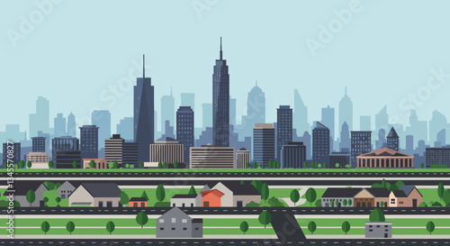 Urban skyline with modern buildings, highway, and residential area illustrated in a vibrant style