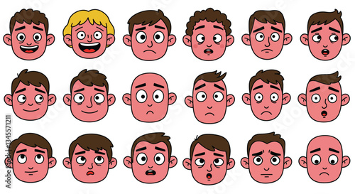 Various cartoon facial expressions showcasing emotions from happiness to sadness and surprise