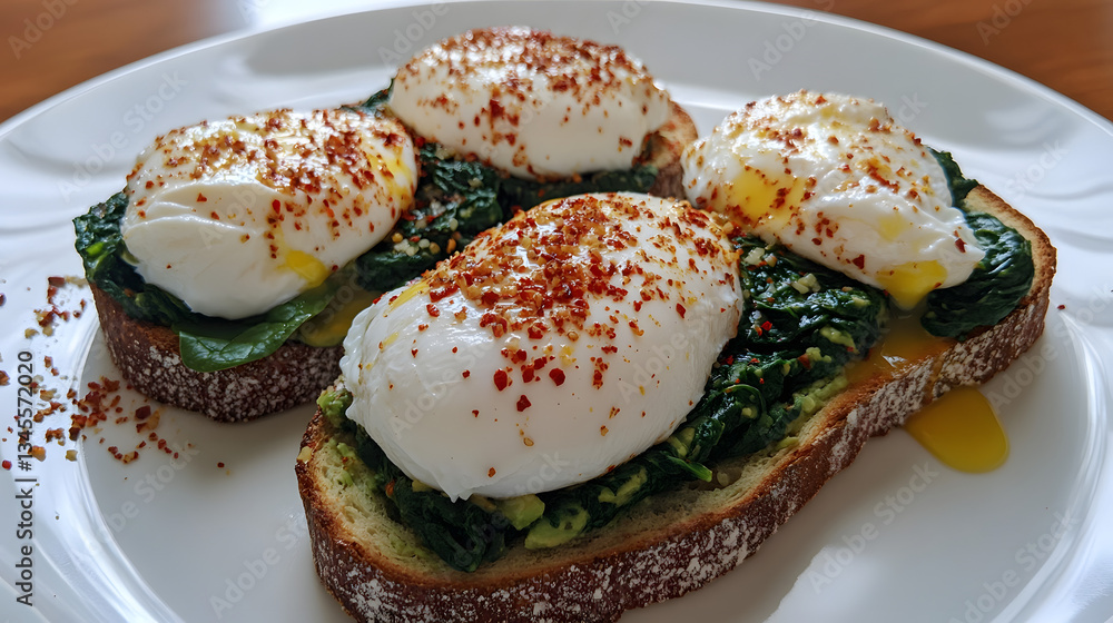 A spinach and avocado toast with poached eggs and chili flakes. A spinach and avocado toast with poached eggs and chili flakes.