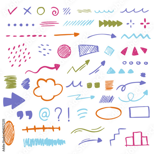 Collection of colorful handdrawn shapes and symbols. Great for invitations, stationery, packaging, and social media designs. Perfect for vibrant and fun projects