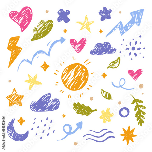 Collection of hand drawn doodle shapes perfect for crafting, stationery design, patterns, backgrounds, and whimsical decorations. Great for creative projects