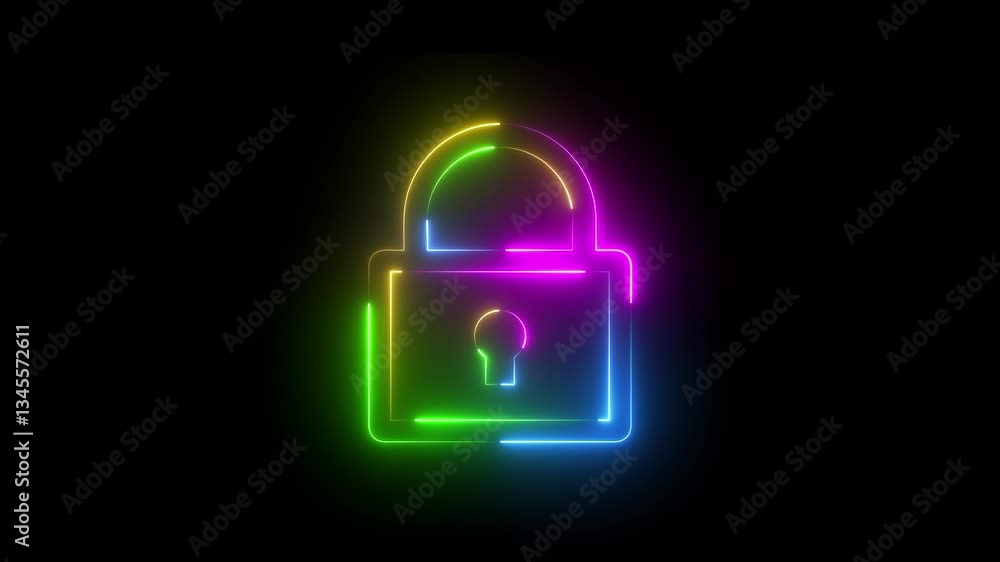 Glowing neon rainbow color cyber lock icon isolated . Glowing neon rainbow color cyber lock icon isolated .