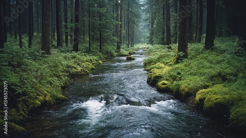 Flowing stream in lush forest nature scene tranquil environment serene viewpoint peaceful concept