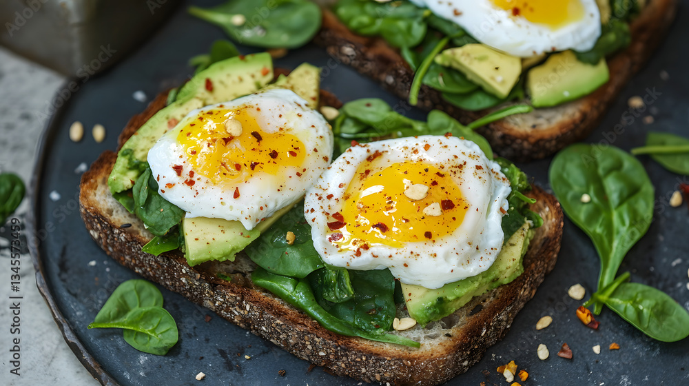 A spinach and avocado toast with poached eggs and chili flakes. A spinach and avocado toast with poached eggs and chili flakes.