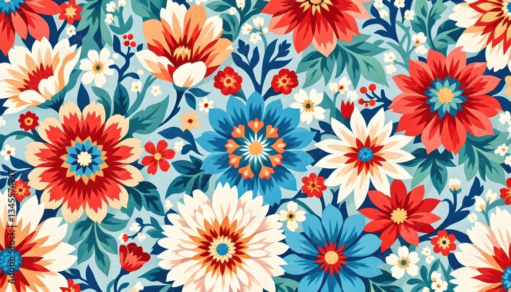 custom made wallpaper toronto digitalVibrant Floral Pattern Design Red Blue Flowers Textile Print