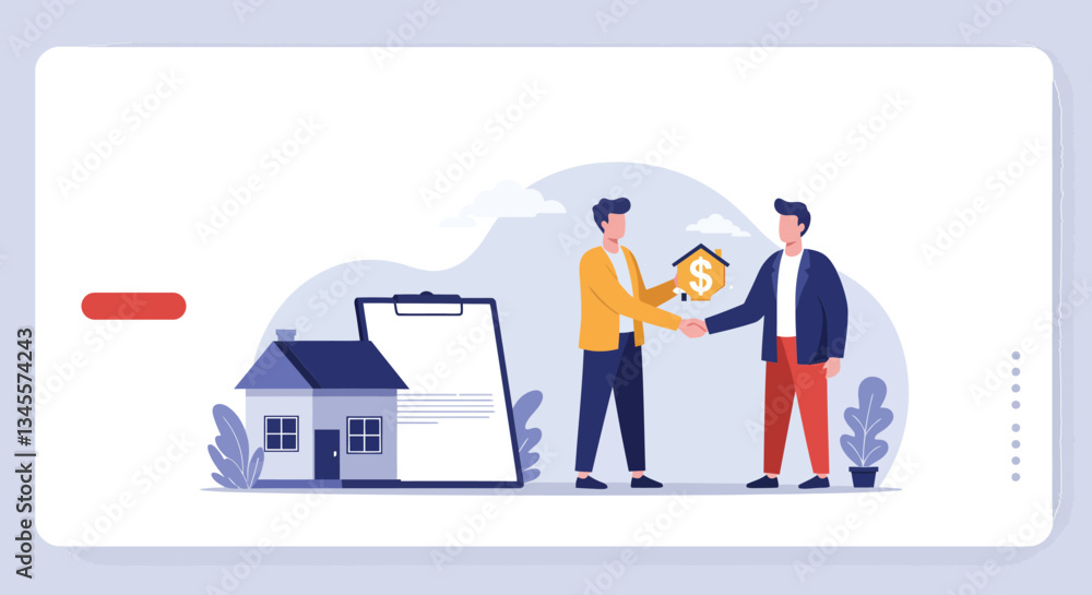 Two men exchanging money and documents in a real estate transaction scene Two men exchanging money and documents in a real estate transaction scene