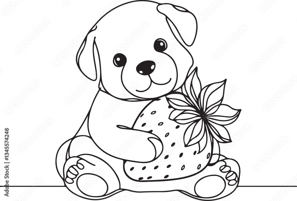 Fototapeta premium Adorable Puppy and Strawberry Line Drawing