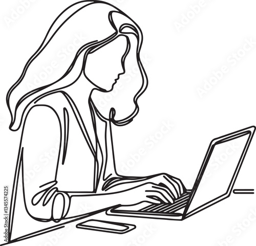 Line Drawing of Woman Working from Home on Laptop