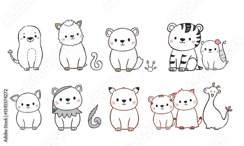 Cute animal doodles featuring variety of adorable creatures, including cats, tigers, and other playful designs. These charming illustrations evoke joy and creativity