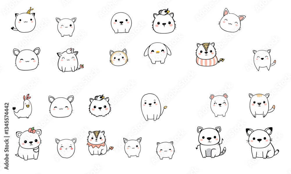 Cute animal doodles featuring various adorable creatures with charming expressions and playful designs. These illustrations include cats, dogs, and other whimsical animals, perfect for adding Cute animal doodles featuring various adorable creatures with charming expressions and playful designs. These illustrations include cats, dogs, and other whimsical animals, perfect for adding