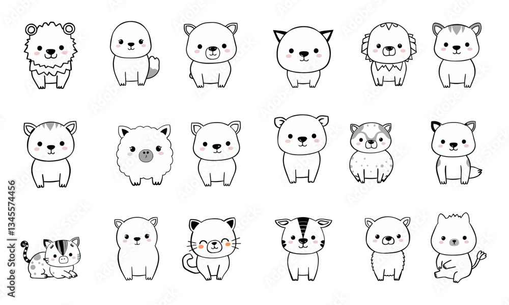 Cute animal doodles featuring variety of adorable characters, including lion, cat, pig, sheep, bear, and more, all with charming expressions and playful designs Cute animal doodles featuring variety of adorable characters, including lion, cat, pig, sheep, bear, and more, all with charming expressions and playful designs