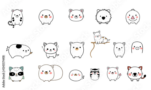 Cute animal doodles featuring various adorable creatures with simple, cartoonish designs. These charming illustrations include cats, dogs, and other animals, perfect for children art or playful