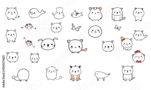Cute animal doodles featuring various adorable characters like cats, dogs, birds, and sheep, all with charming expressions and playful designs. Perfect for children art or fun illustrations