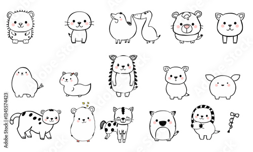 Cute animal doodles featuring variety of adorable creatures, including bears, cats, and ducks, all illustrated in charming and playful style. These whimsical designs evoke joy and warmth