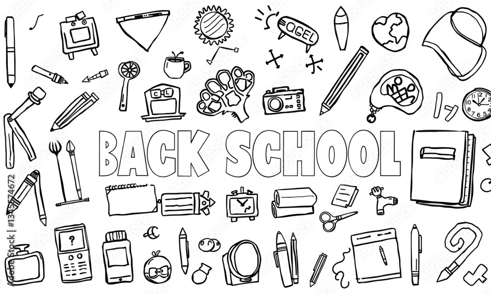 Back to school theme with hand drawn illustrations of school supplies, including pens, notebooks, and various educational items, creating vibrant and engaging atmosphere Back to school theme with hand drawn illustrations of school supplies, including pens, notebooks, and various educational items, creating vibrant and engaging atmosphere