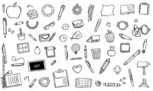 Hand drawn school supplies and stationery items, including pencils, notebooks, clocks, and various educational tools, create vibrant back to school theme. This collection evokes creativity and
