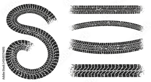 Tire tread patterns creating letters and shapes in a unique design layout