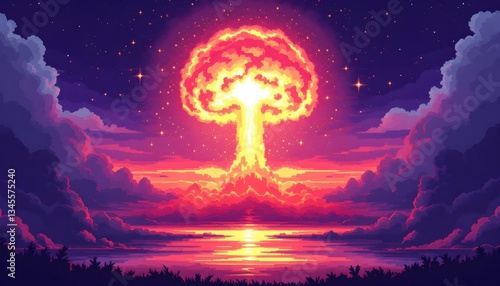 Pixel Art Nuclear Explosion Sunset Landscape