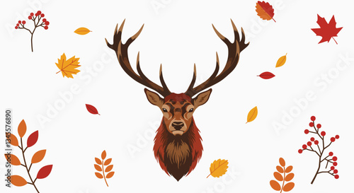 Autumn-themed illustration featuring a majestic stag surrounded by colorful leaves and berries