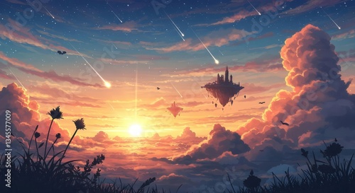 Floating Island Sunset Fantasy Art Print