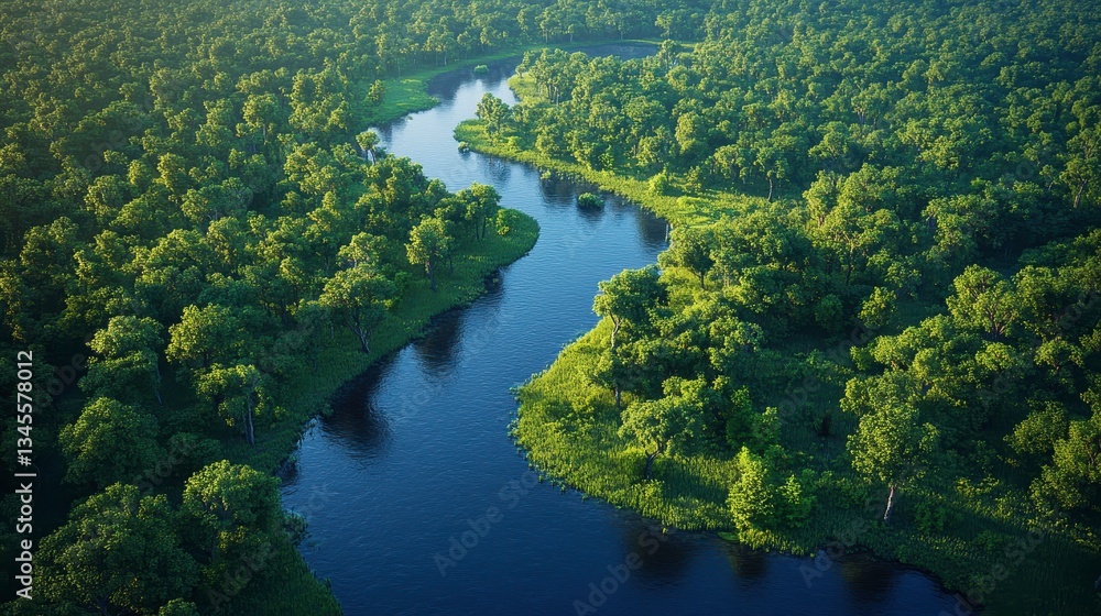 Aerial view of serene river curving through lush green forest nature photography tranquil environment Aerial view of serene river curving through lush green forest nature photography tranquil environment