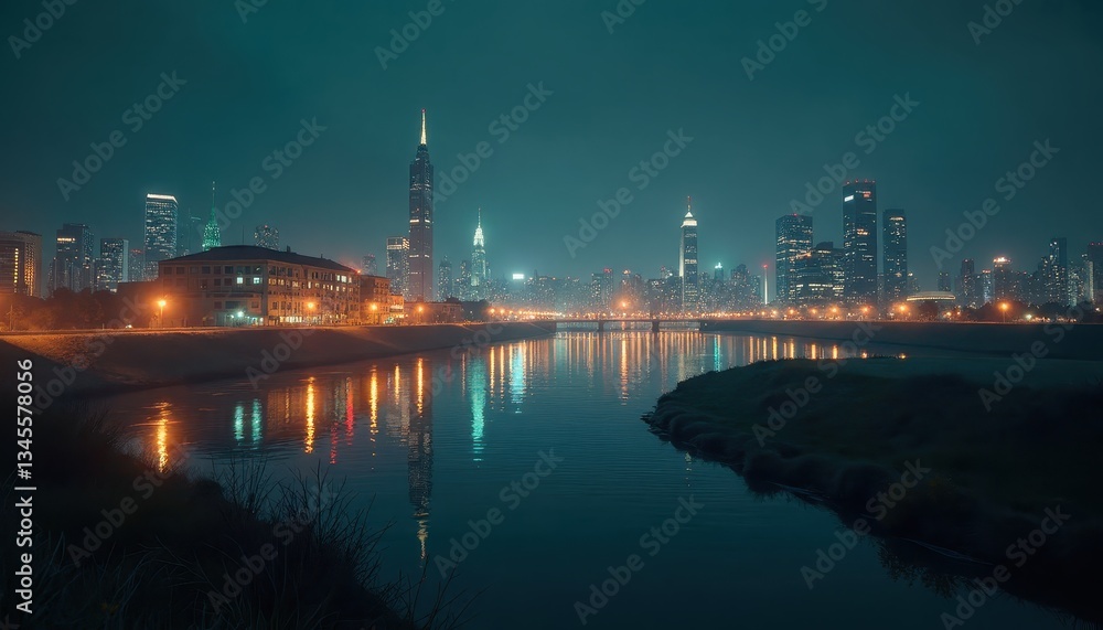Fototapeta premium City skyline reflecting on water at night, showcasing eco-friendly electricity during Earth Hour.