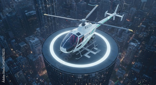 Helicopter Landing Rooftop Cityscape Night Aerial View