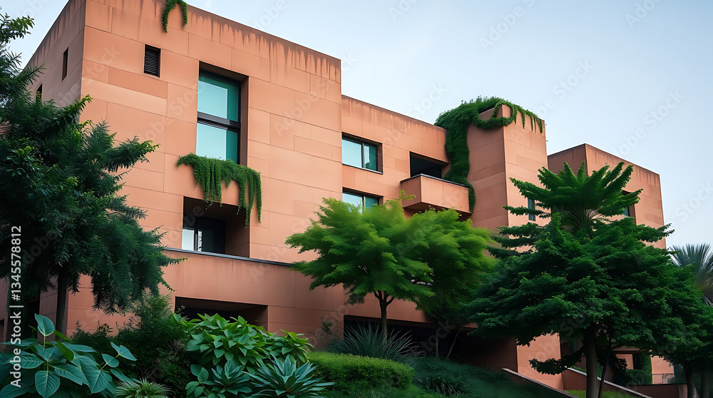 Fototapeta premium A sculptural modern brutalism building with lush greenery, created by generative ai