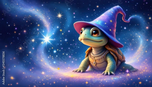 Adorable Wizard Turtle Fantasy Art Starry Night Digital Painting