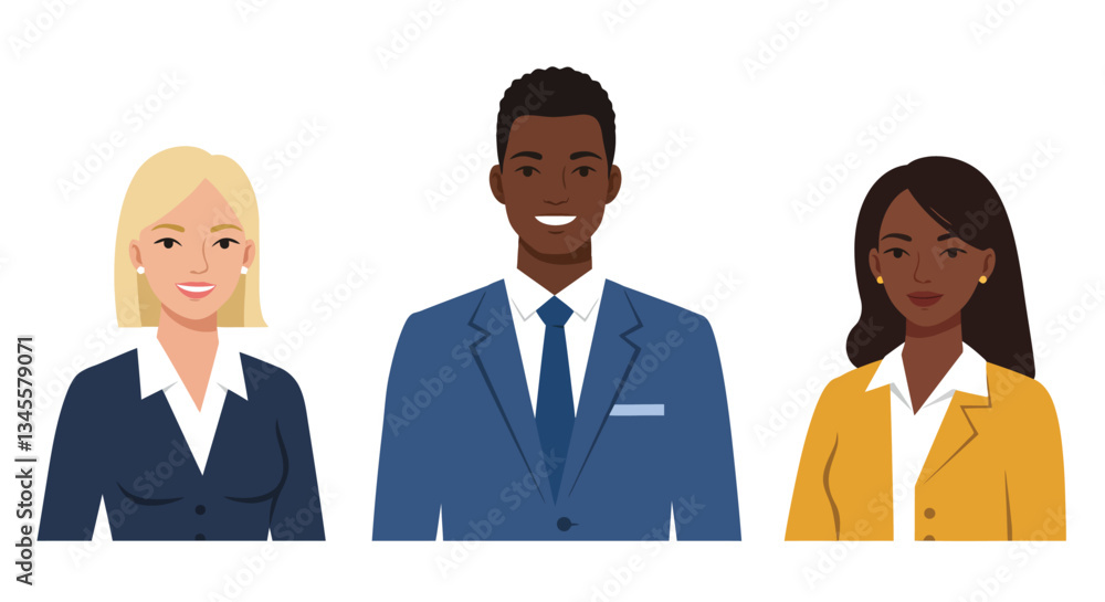 Three diverse business professionals standing together in formal attire with friendly expressions Three diverse business professionals standing together in formal attire with friendly expressions