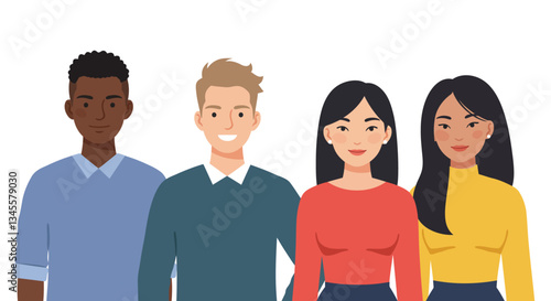 Four diverse individuals posing together in a friendly and welcoming manner