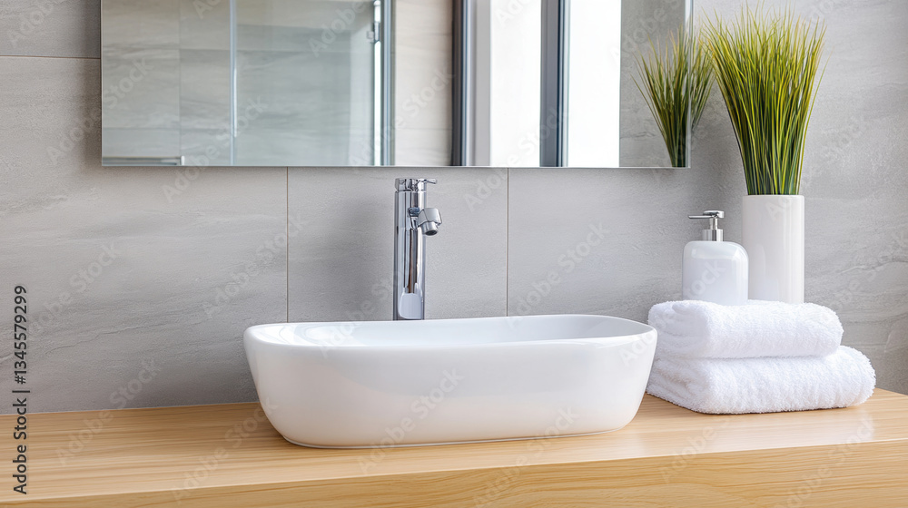 Fototapeta premium Cozy, minimalist interior with modern bathroom sink, wooden countertop, and decorative plants creating serene atmosphere
