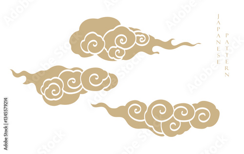 Gold brush stroke texture with Japanese chinses cloud pattern in vintage style. Abstract art landscape banner design with watercolor texture vector.