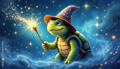 Adorable Wizard Turtle Fantasy Art Magical Starry Night