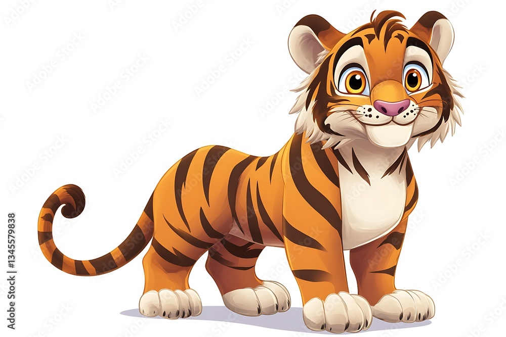 Cartoon tiger cub standing on white background, smiling, for kids book, isolated Cartoon tiger cub standing on white background, smiling, for kids book, isolated