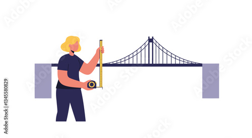 Worker measuring bridge span with tape in flat vector art
