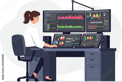 Woman working at a digital desk with multiple screens in a flat vector illustration