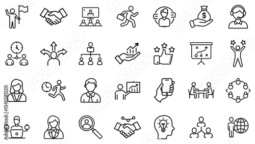 Business and Leadership Line Icons Set – Teamwork, Career Growth, Management, Partnership, Financial Success, Strategy, Networking, Decision Making, Entrepreneurship, Productivity, and Professional De