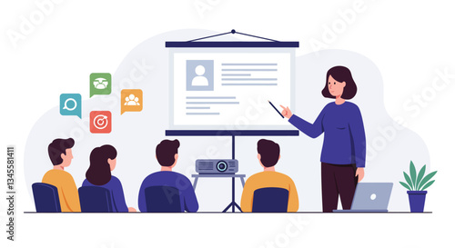 Presentation scene featuring a speaker and audience in flat vector art style